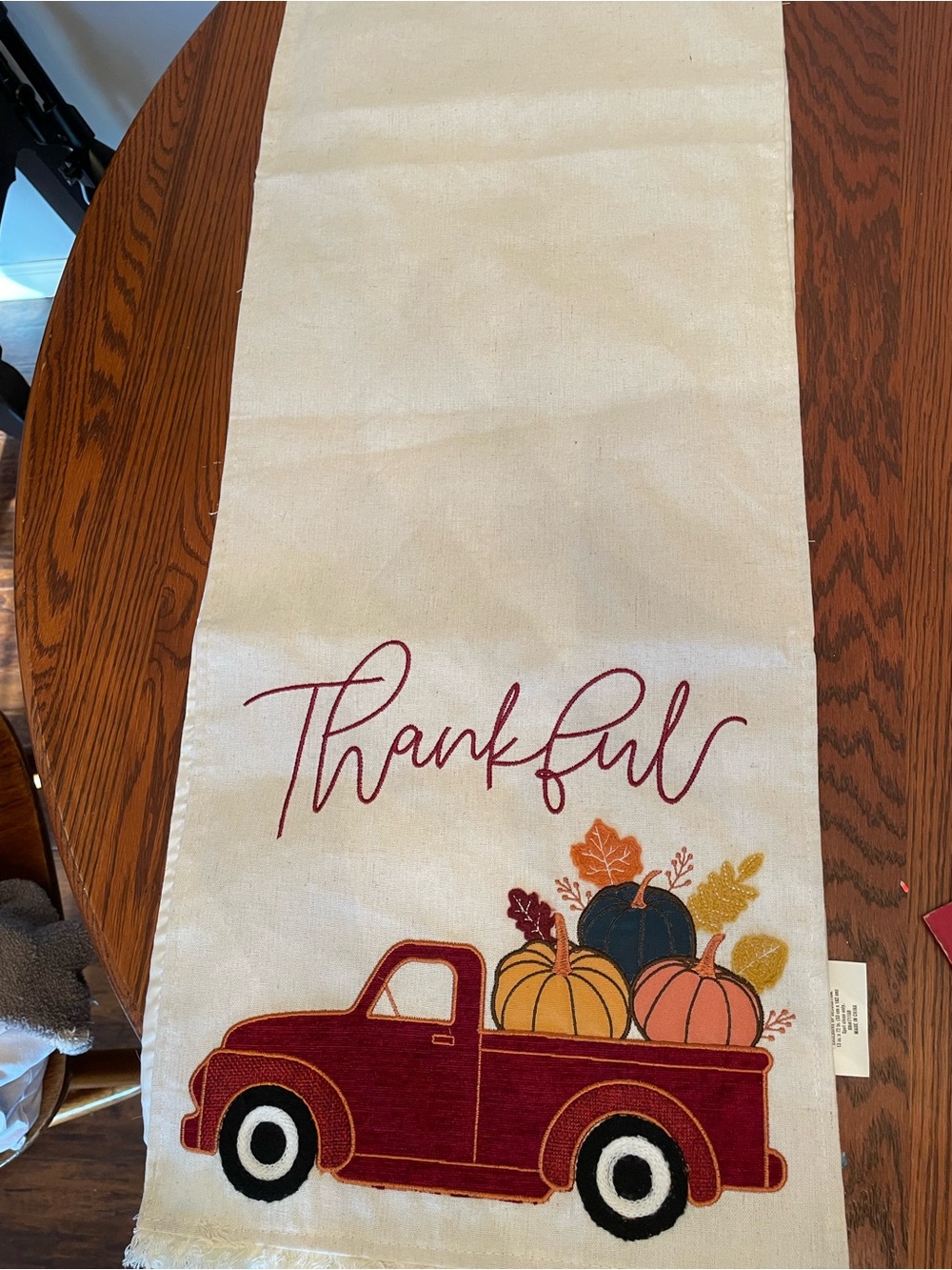 Thankful Red Truck Embroidered Table Runner - Neutral Cream